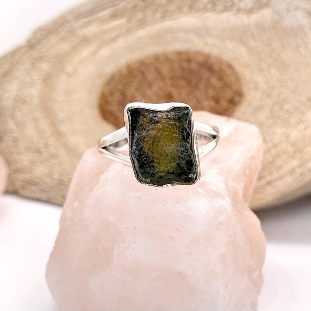 Moldavite Large Raw Natural Crystal Solid Sterling Silver Gemstone Ring
